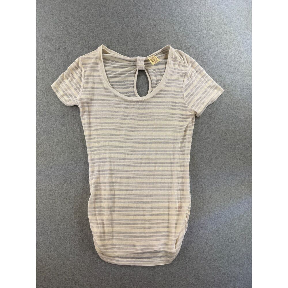 Faded Glory Womenās M White Ivory Striped Keyhole Back Short Sleeve Top 3184